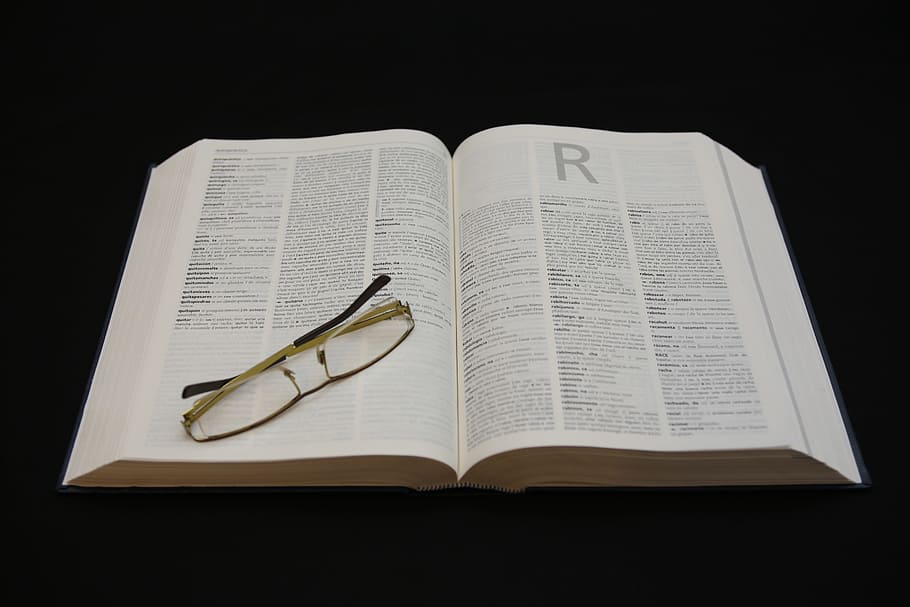 yellow framed eyeglasses on top of opened book, Letter, Dictionary HD wallpaper