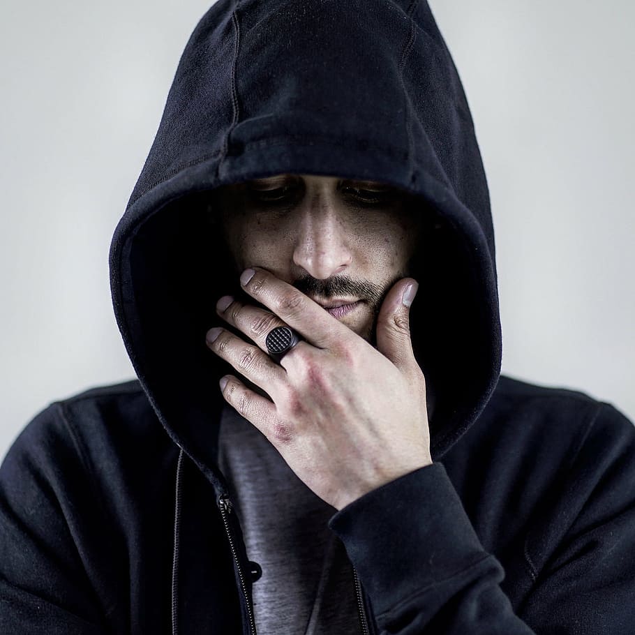 man wearing black hoodie, guy, serious, nero, hood - clothing