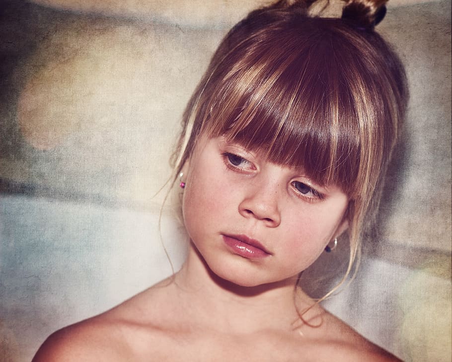 girl wearing hoop earrings, child, blond, face, view, portrait HD wallpaper