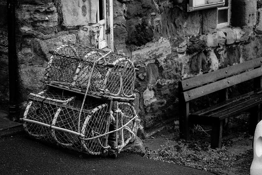 crab baskets, scotland, fishing, lobster, sea, seaside, net