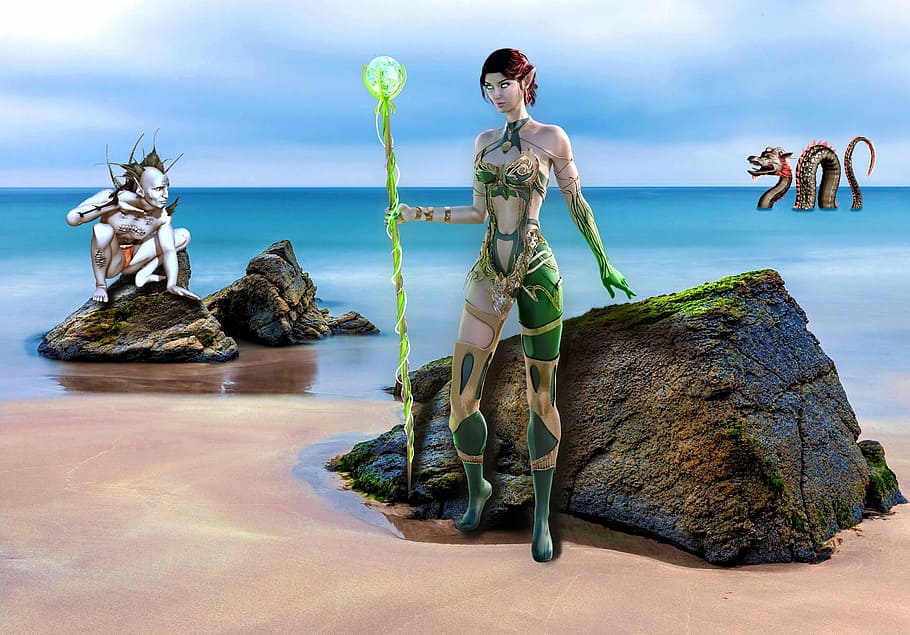 female and male anime characters standing on coastal rocks at shoreline at daytime