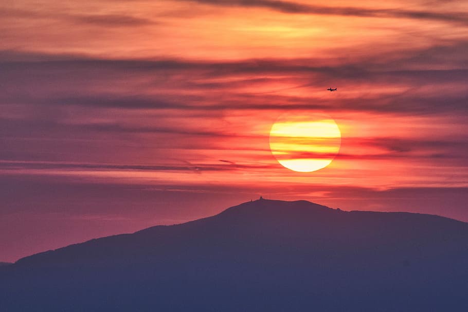 sunset, sky, nature, dusk, evening, mountain, scenic, red, landscape HD wallpaper