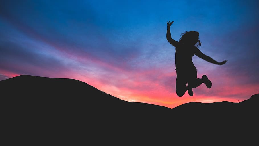 silhouette of woman's jumpshot, outdoors, people, nature, sunset HD wallpaper