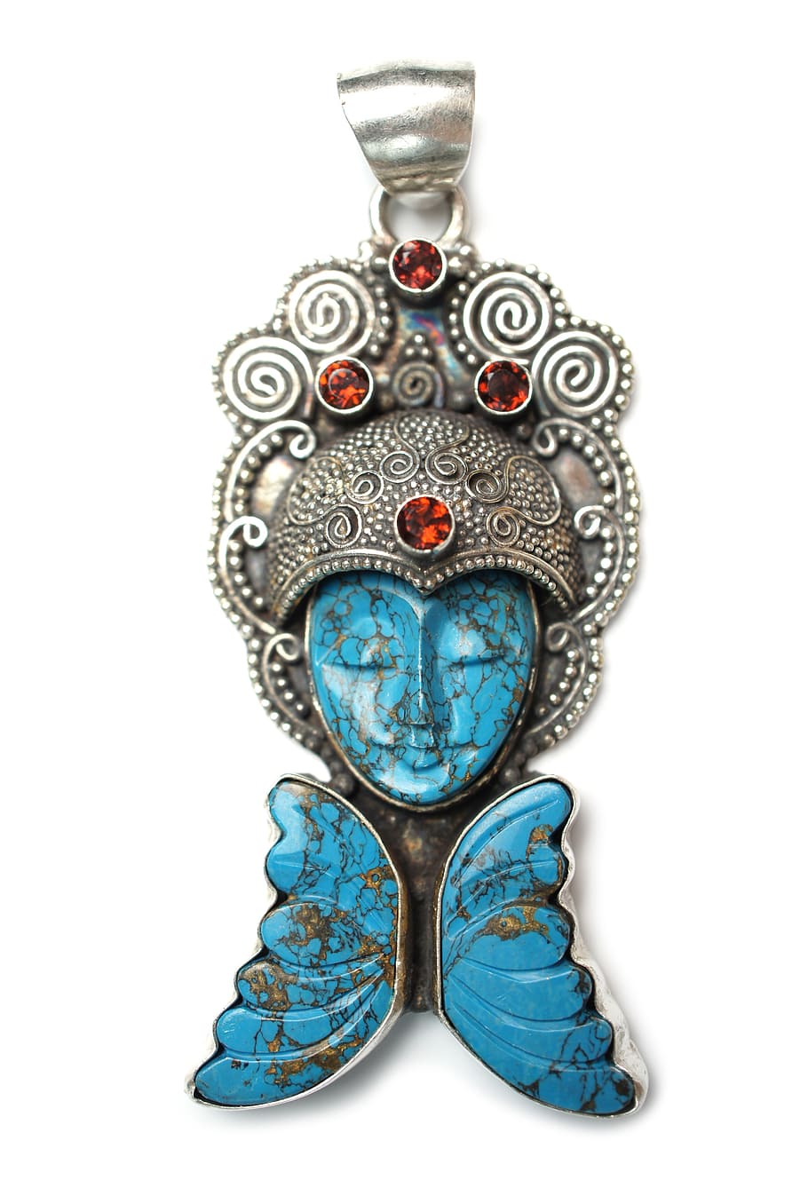 silver-colored blue stone face pendant, turquoise, goddess, asian