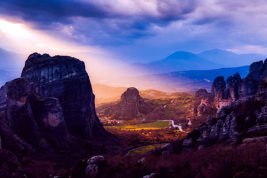 sunrays on mountains, greece, sky, clouds, landscape, sunset HD wallpaper
