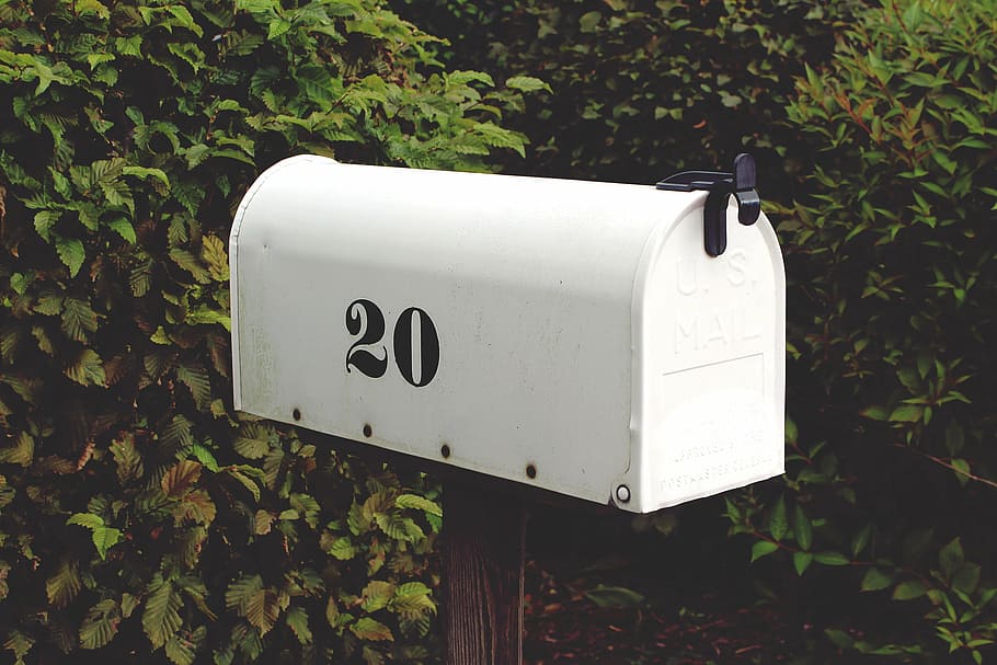 closed white mail box, mailbox, number, twenty, letter boxes