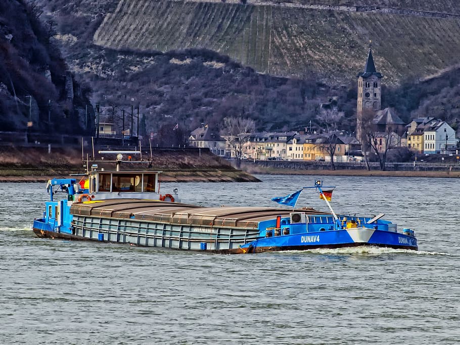 rhine river, germany, ship, barge, boat, mountains, village HD wallpaper