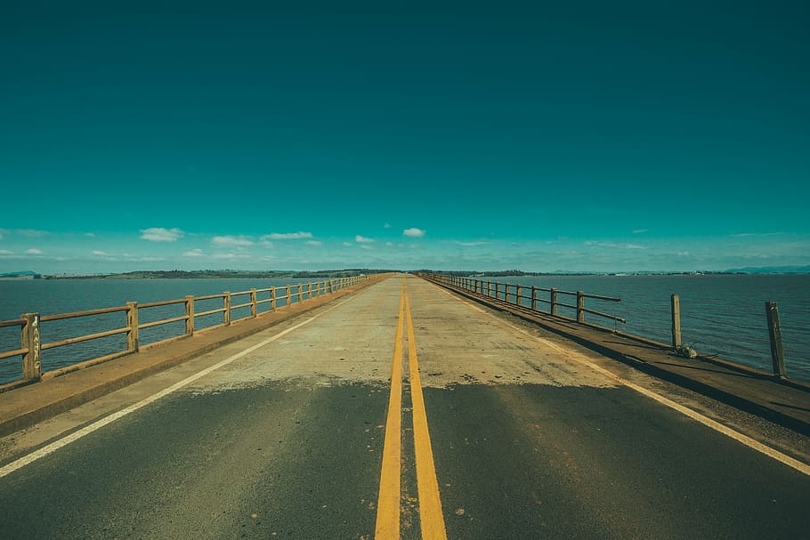 asphalt, bridge, ocean, road, sea, sky, water, the way forward HD wallpaper