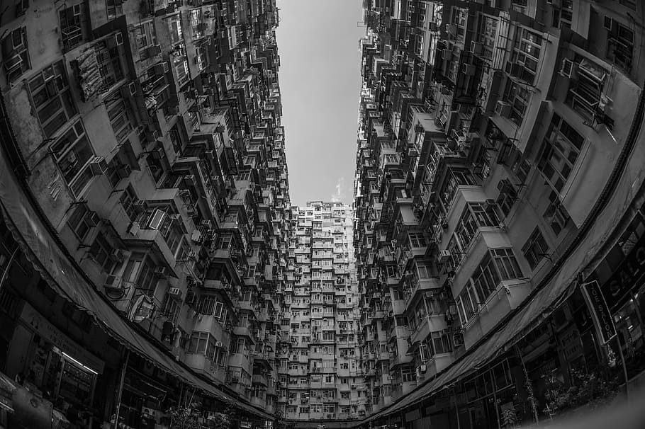 black-and-white, building, architecture, perspective, apartment buildings, HD wallpaper