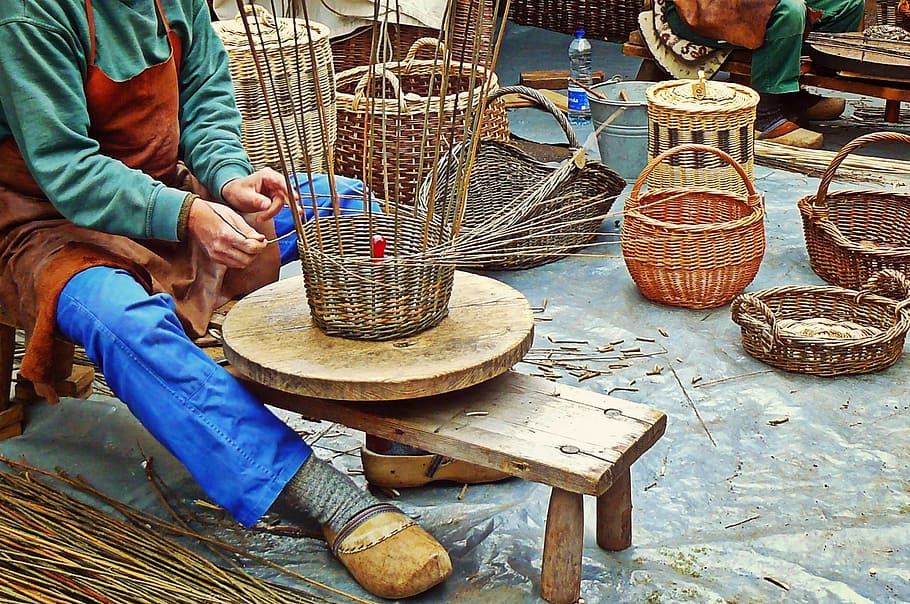 person woving basket, wickerwork, basket weavers, craft, wicker basket