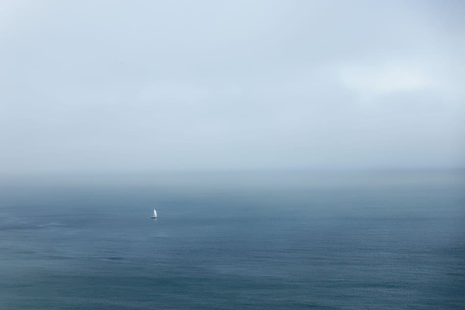 blue sea under white sky, untitled, boat, water, far, ocean, cloud
