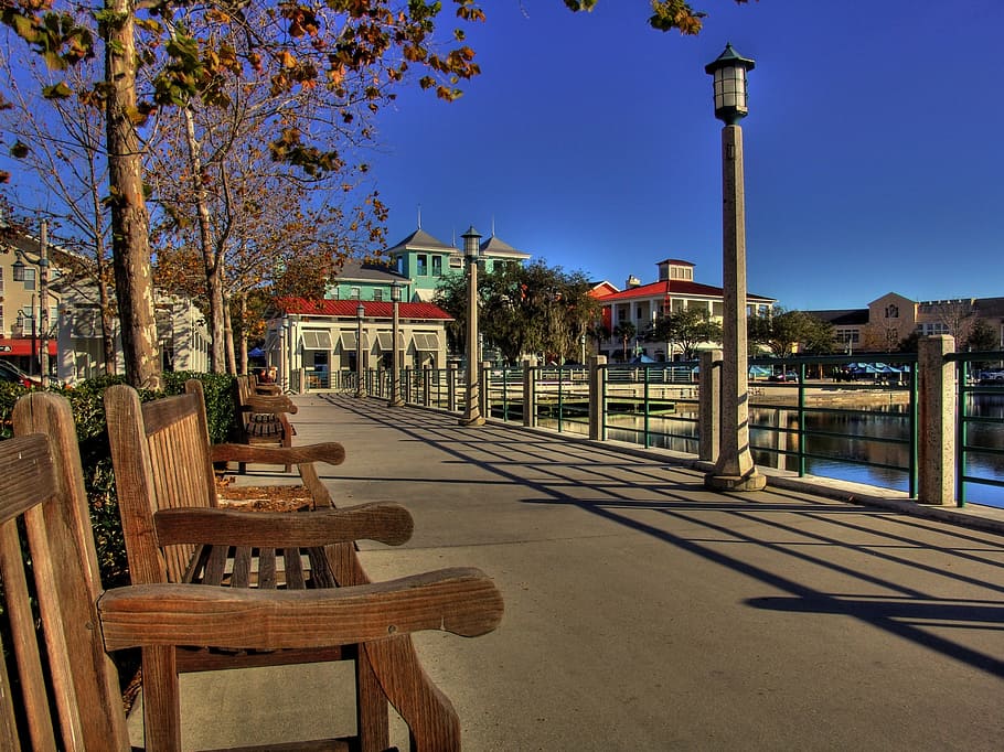 Riverside, Florida, America, Seaside, usa, benches, blue, outdoors, HD wallpaper