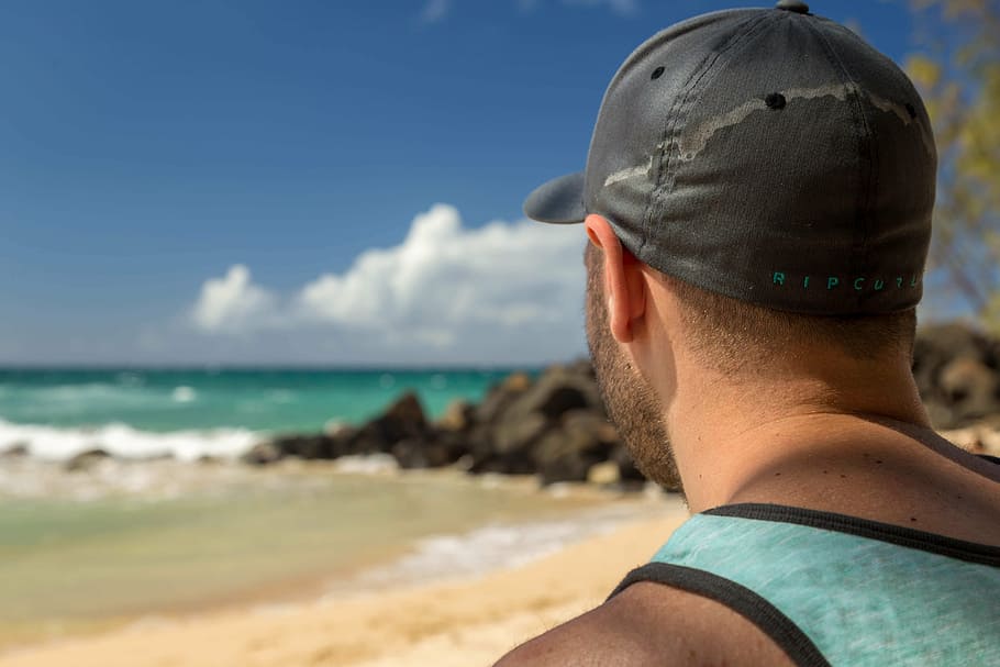 beach, blur, cap, close-up, clouds, landscape, leisure, man HD wallpaper