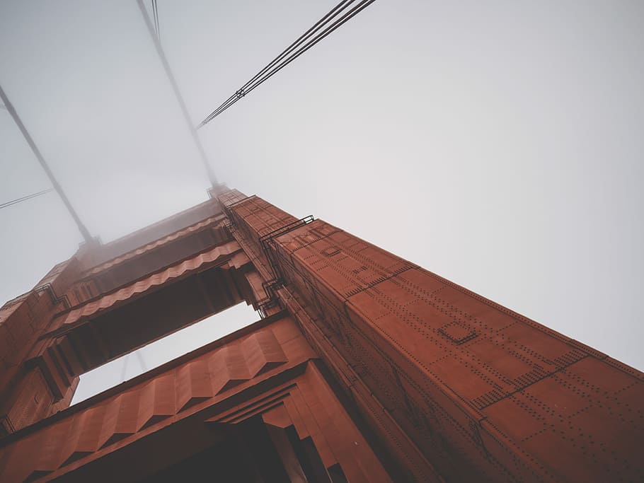 brown suspension bridge, low angle view, architecture, built structure HD wallpaper