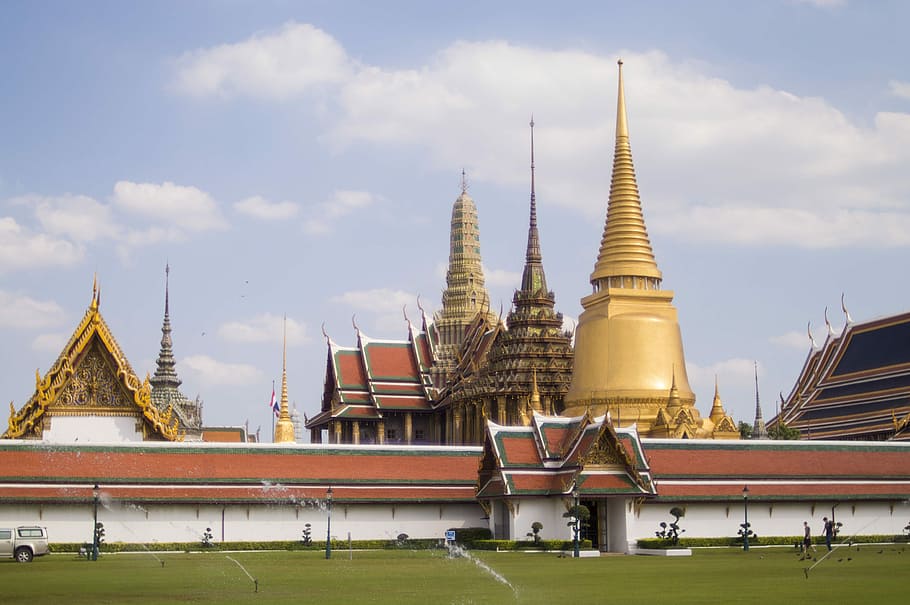 golden buildings under clouds, Grand, Palace, Thailand, Architecture