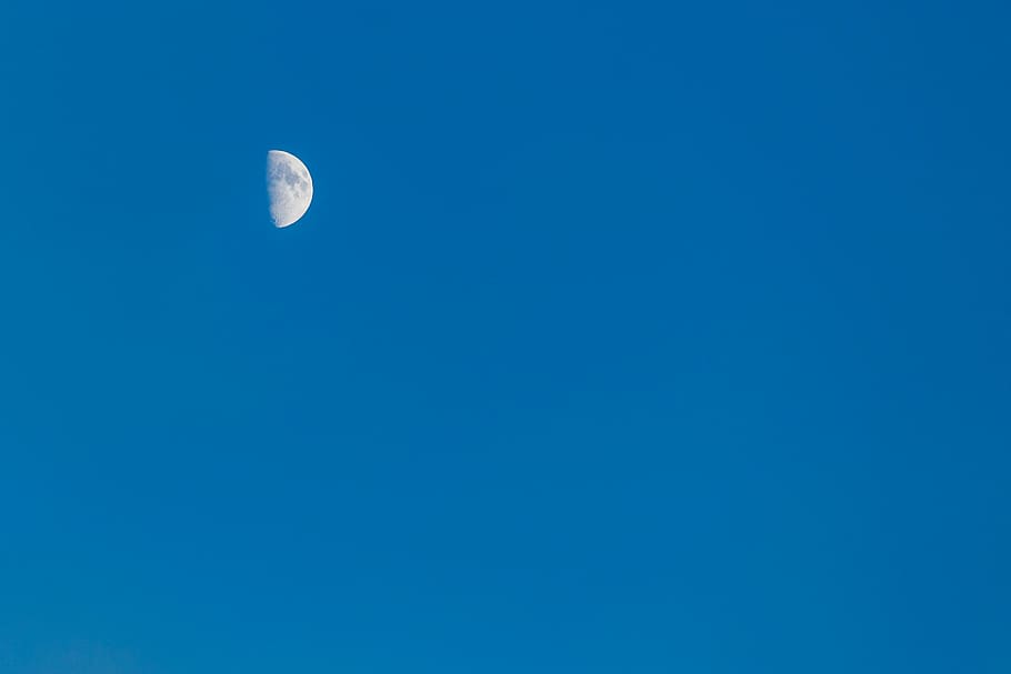 blue sky, half moon, moonlight, nature, night, moon Surface HD wallpaper