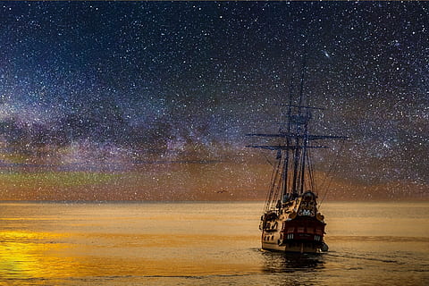 painting of ship with stars on night sky, ocean, imagination HD wallpaper