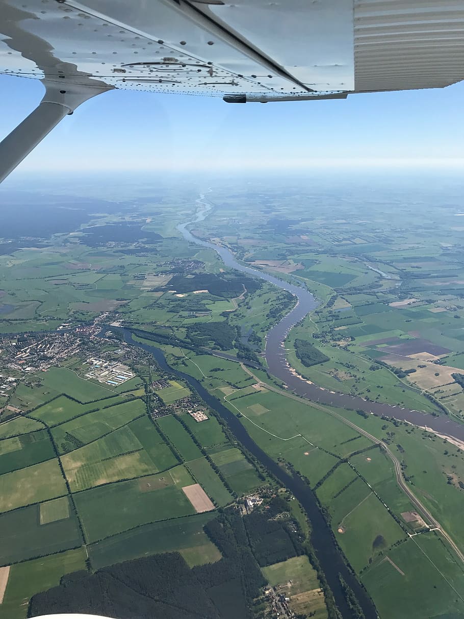 river, sky, wing, elbe, forest, river landscape, aerial view HD wallpaper
