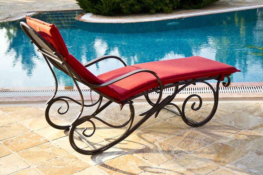 red lounger near swimming pool, Sunbeds, Holiday, Peace, Health HD wallpaper