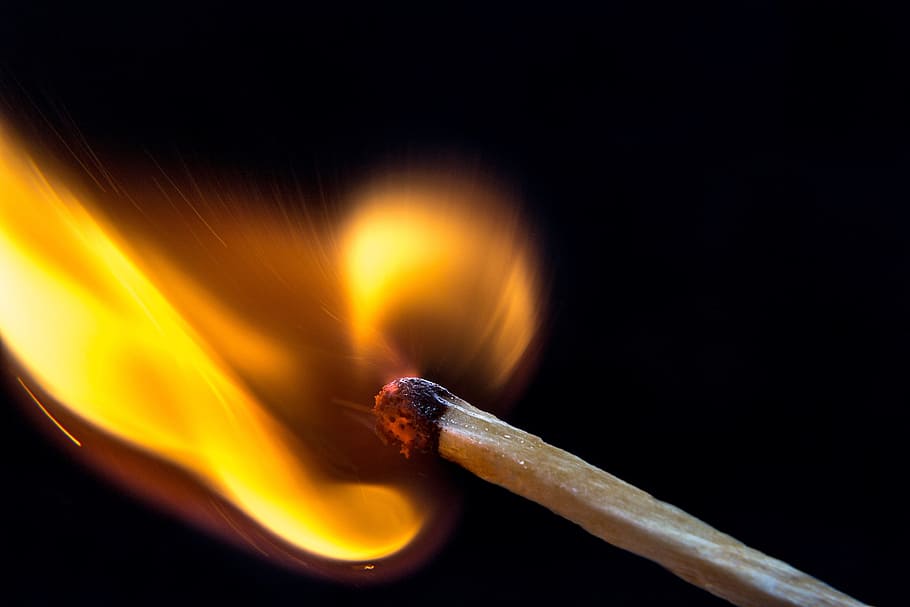 matchstick with fire, Light, Flame, Burn, Macro, wooden, lighting