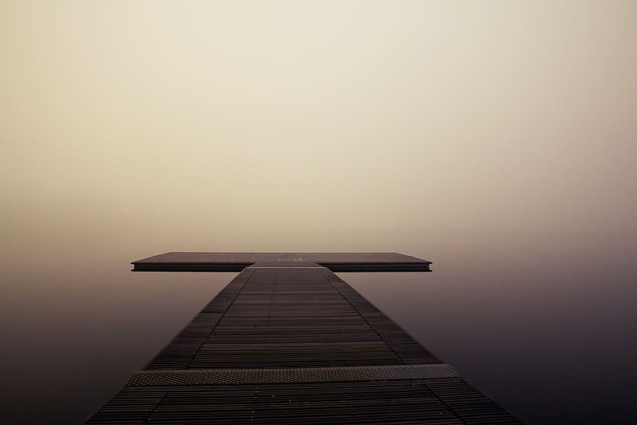 photo of deck, pier, wooden, lake, ocean, sea, quiet, fog, calm, HD wallpaper