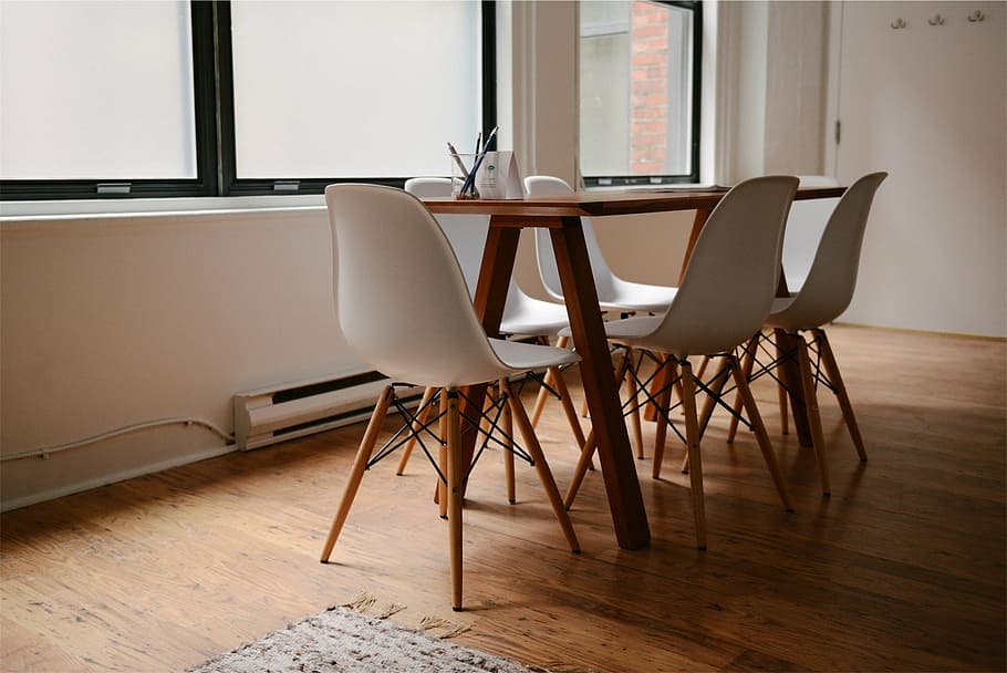 rectangular brown wooden dining table and white plastic chairs HD wallpaper