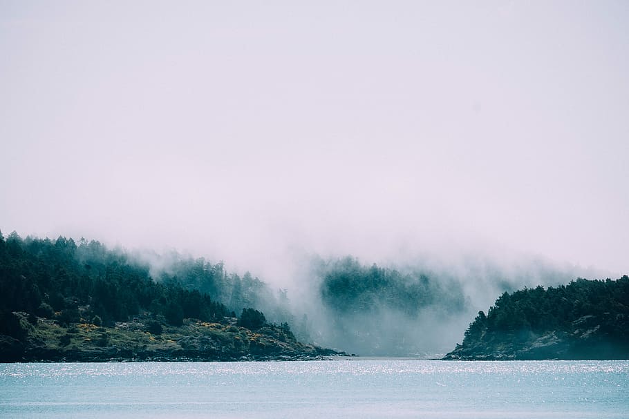 photo of lake and mountain, fog, water, nature, sea, scenics HD wallpaper