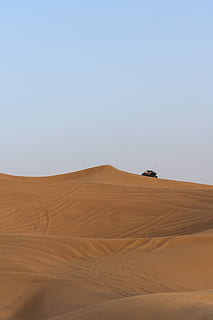 vehicle on desert under calm blue sky, vehicle in dessert, orange HD wallpaper