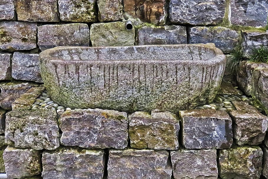 fountain, quarry stone, water basin, mount, source version HD wallpaper