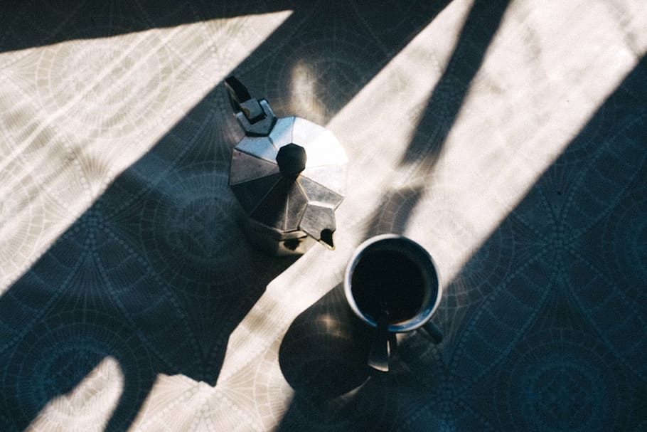 gray stainless steel cup beside moka pot on top of table, coffee HD wallpaper