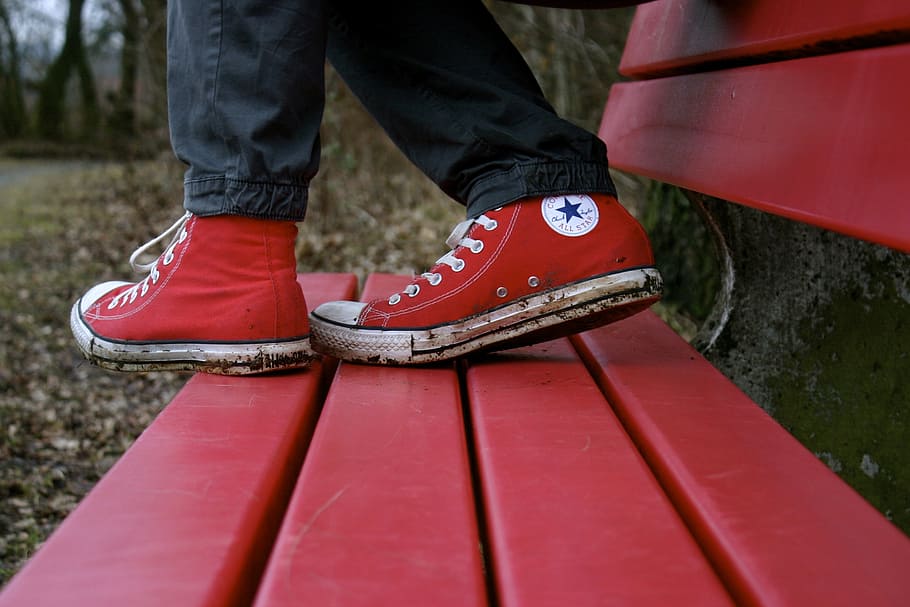 person wearing red Converse All-Star High-Tops, shoes, outdoors, HD wallpaper