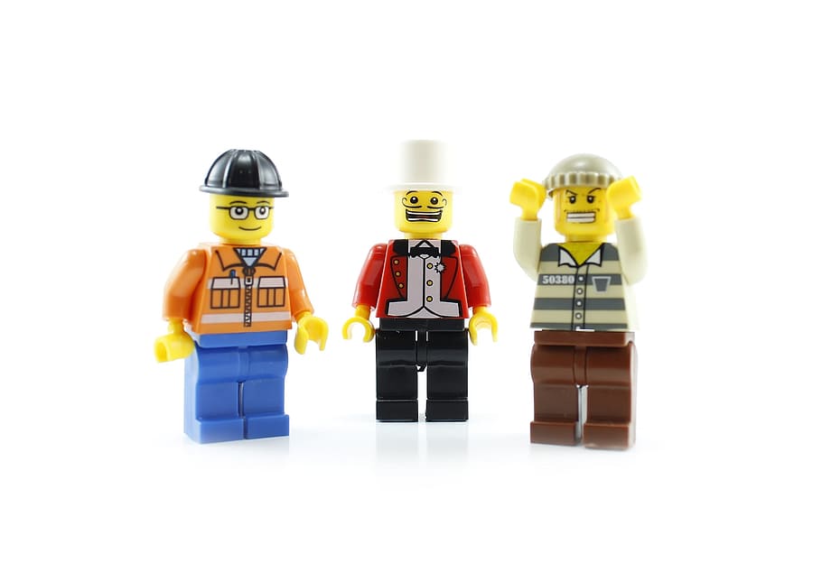 three Lego characters, figure, person, boy, little, one, child