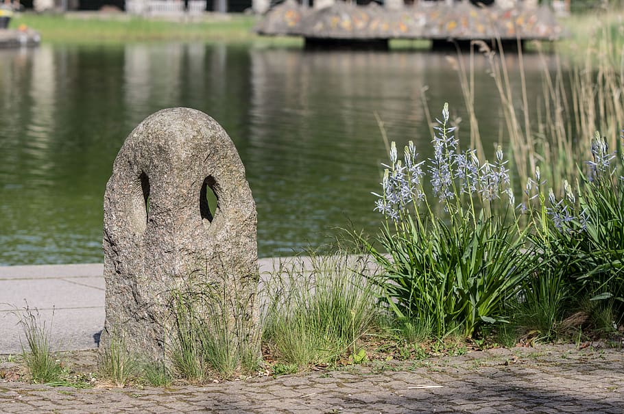 waters, stone, rock, rock lamp, nature, grass, river, summer