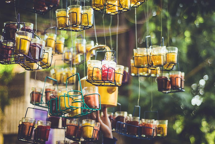 yellow and brown ceramic glass containers, art, tea, bokeh, outdoors
