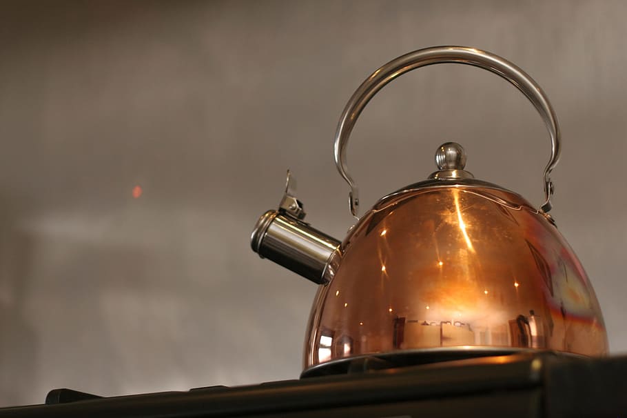 silver and brass kettle, water, boiling, stove, heat, copper