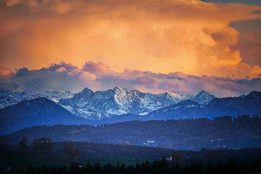 mountain under orange sky, panorama, snow, sunset, travel, evening HD wallpaper