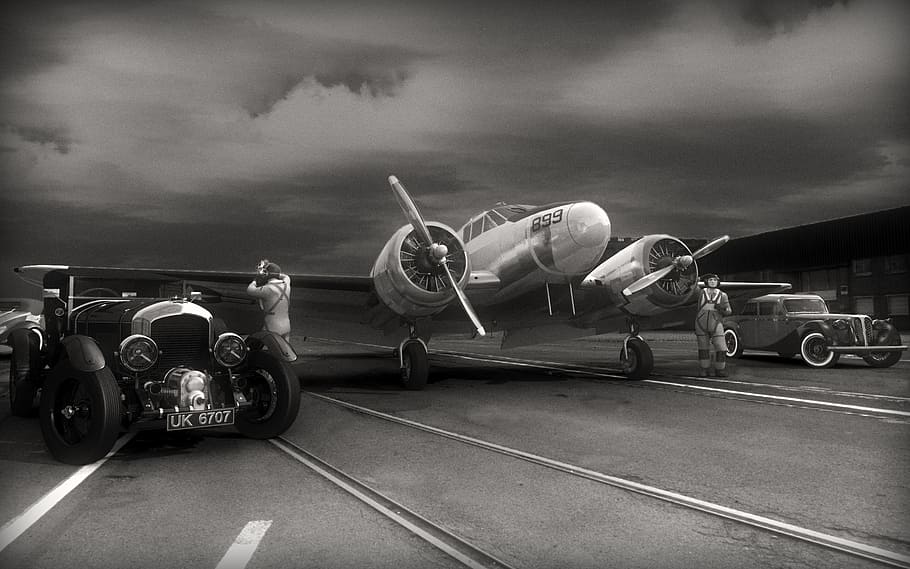 grayscale photo of airplane and cars, rendering, logo, modeling HD wallpaper
