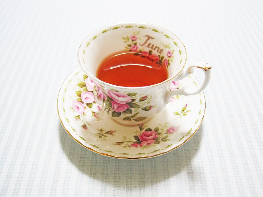 white and pink floral tea cup set, tea time, june, rose, drink HD wallpaper