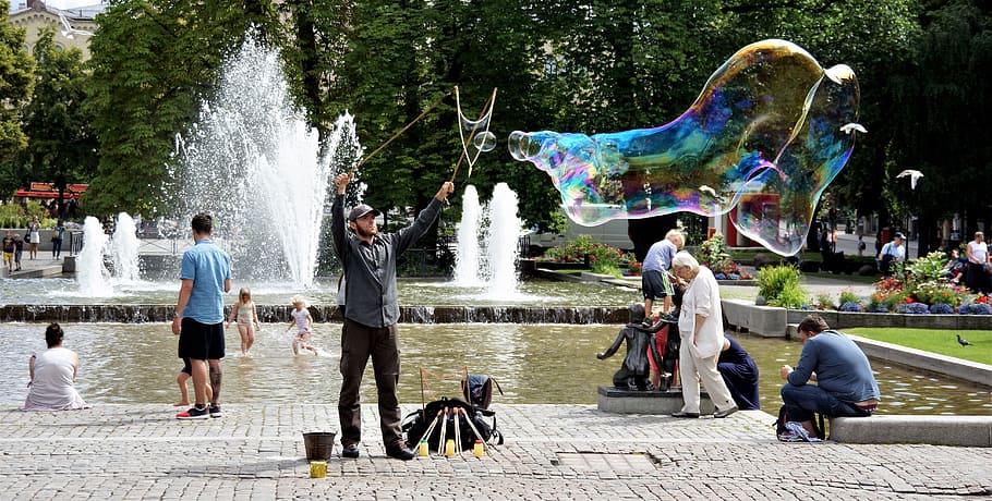giant, bubble, water, fun, soap, funny, street, performer, park HD wallpaper