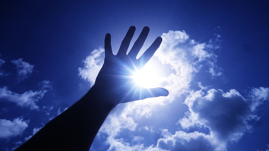 sun, sky, hand, clouds, blue, human hand, human body part, cloud - sky HD wallpaper