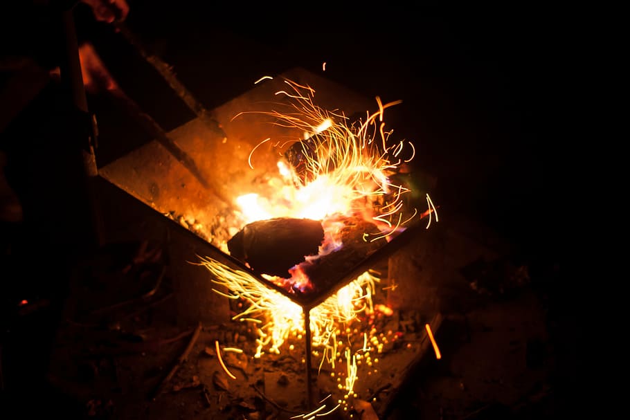 fire, spark, camping, bbq, barbecue, burning, orange, red, barbeque HD wallpaper