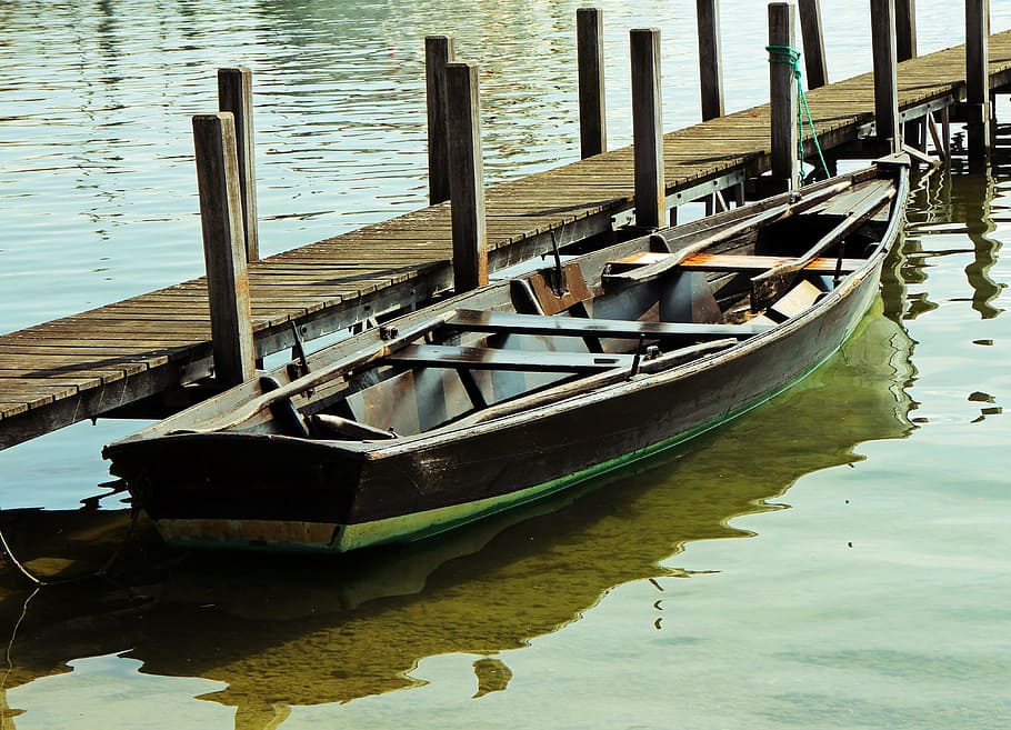 rowing boat, boardwalk, jetty, boot, individually, wood, calm HD wallpaper