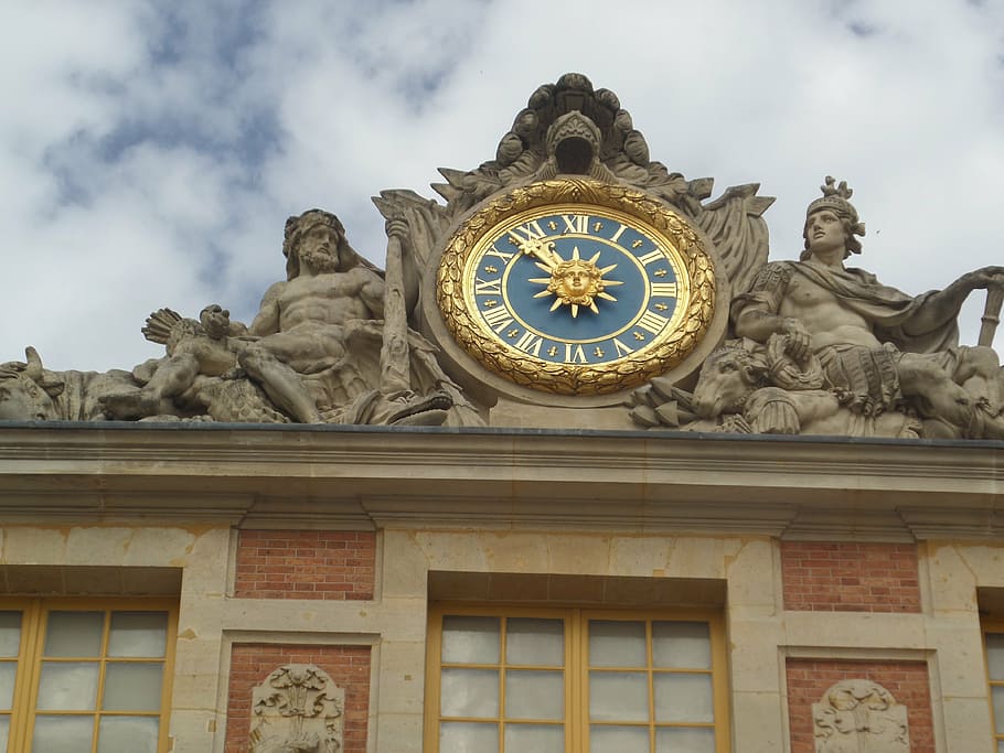 clock, time, versailles, old, architecture, low angle view HD wallpaper