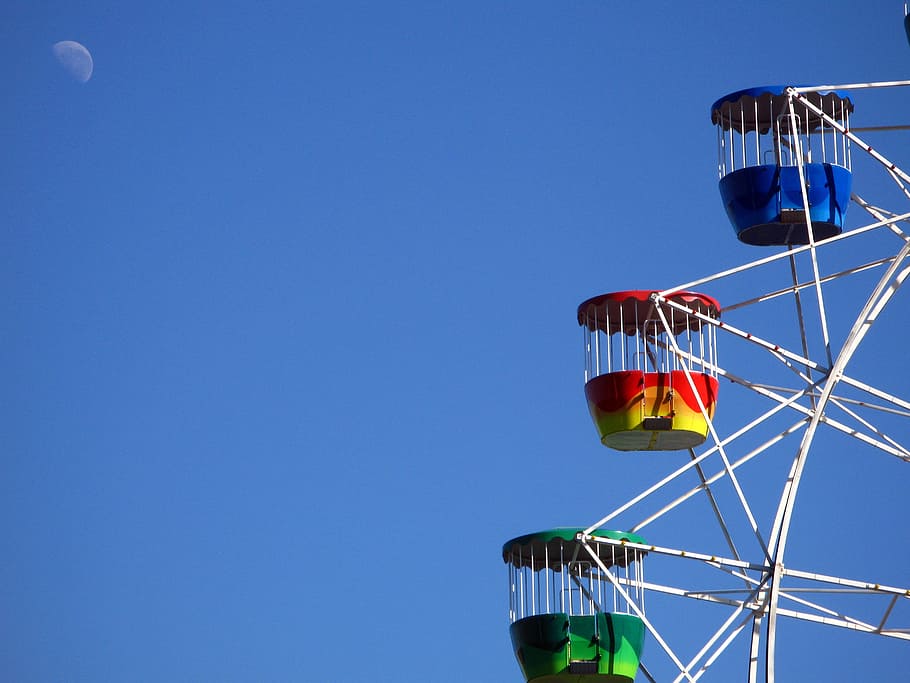 fun fair, moon, blue sky, clear sky, amusement park, low angle view HD wallpaper