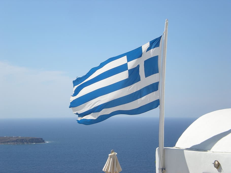 Greece flag, santorini, greek island, marine, oia, sky, water