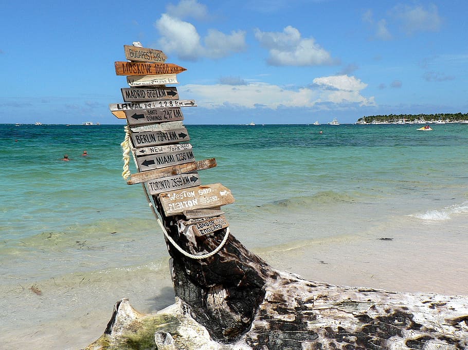 brown wooden signage near shore, dominican republic, punta cana, HD wallpaper