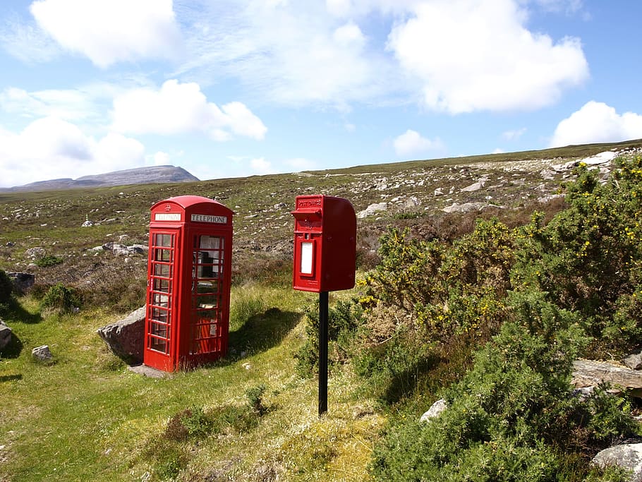 telephone booth near hills, scotland, highlands and islands, mailbox, HD wallpaper