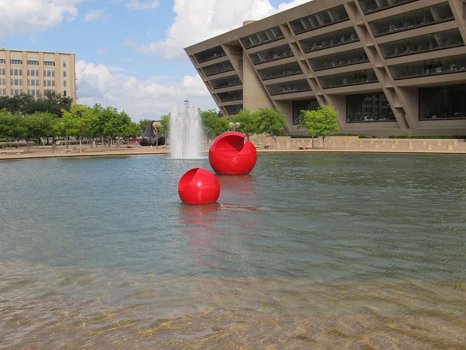 architectural elements, dallas, city hall, pool, red ball, urban HD wallpaper