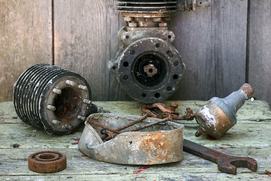 still life, tool, old engine, spanner, cylinder head, steel HD wallpaper