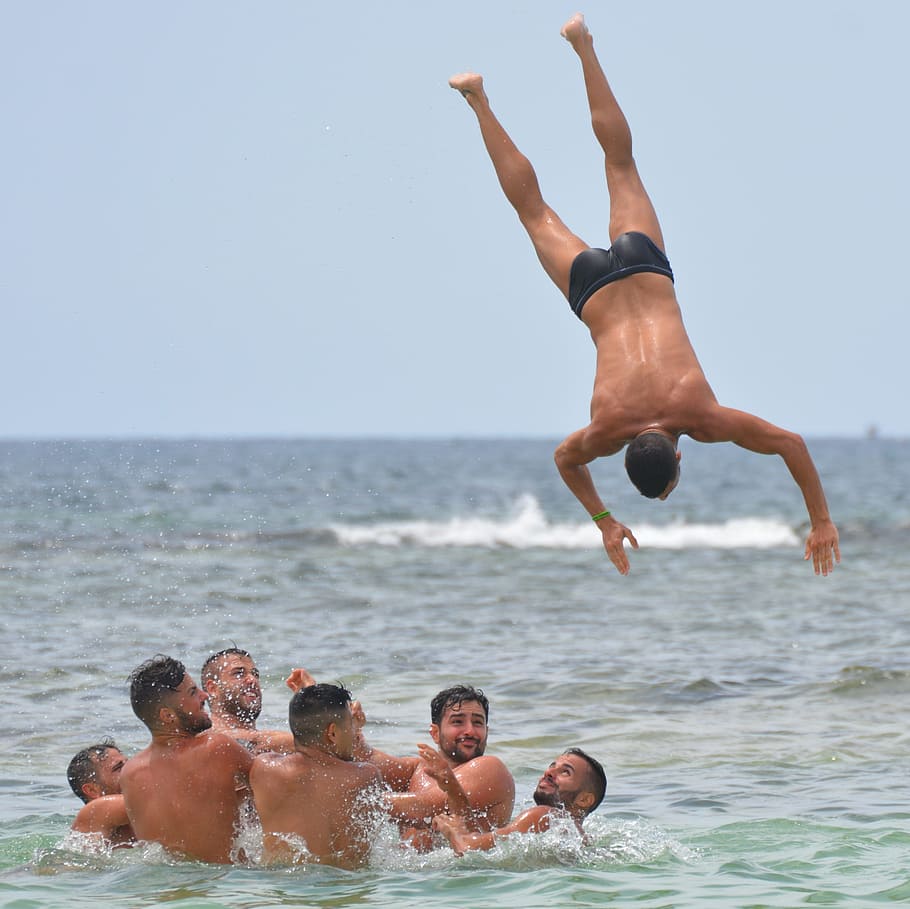 sea, beach, vacation, people, action, enjoyment, fun, group, jump HD wallpaper